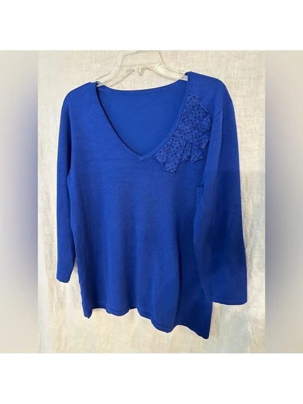 Blue Scooped V neck 3/4 Sleeve Sweater Beaded appliqué type design front left